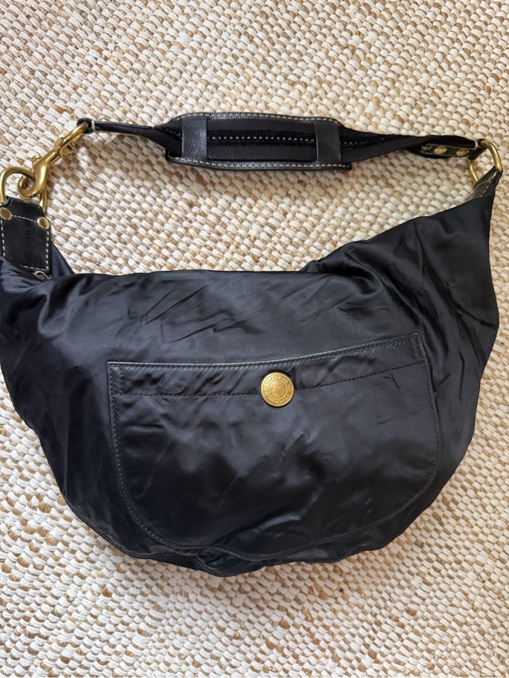 Early 2000’s Coach Black Nylon Hobo Bag with Gold Button Accent